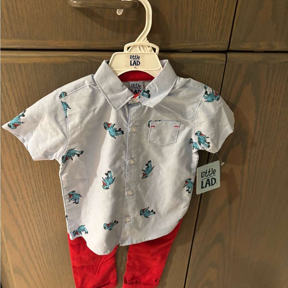 Little Lad Blue Dinosaur Print Button Down Shirt Set with pants